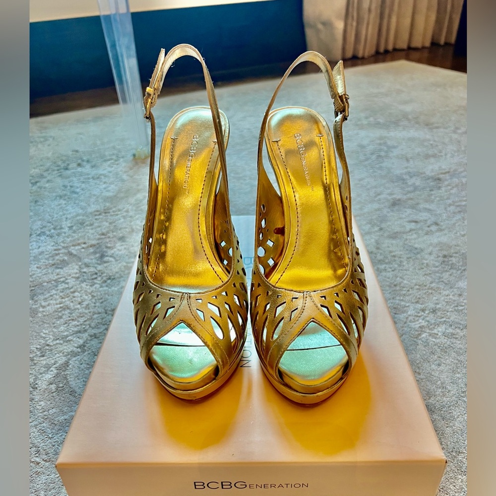 BCBGeneration Metallic Gold Cutout Peep-Toe Heels